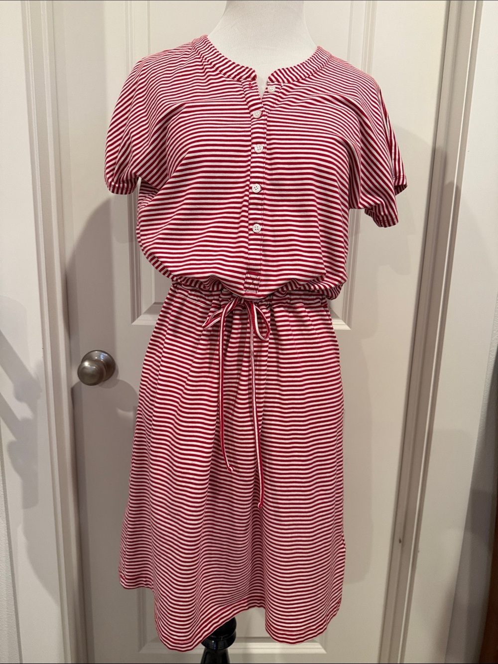 Lands' End Red and White Striped Drawstring Tee Dress